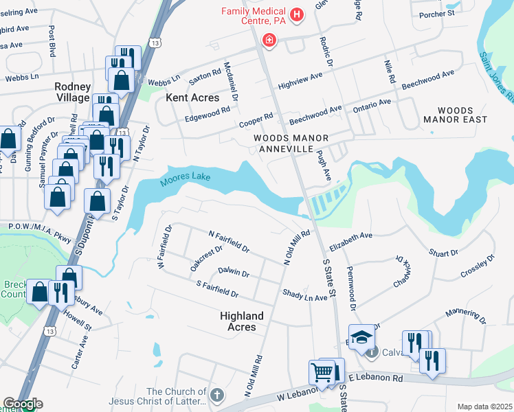map of restaurants, bars, coffee shops, grocery stores, and more near 89 South Shore Drive in Dover