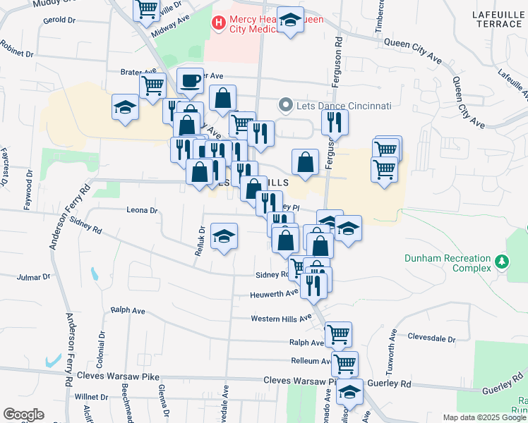 map of restaurants, bars, coffee shops, grocery stores, and more near Glenway Avenue in Cincinnati