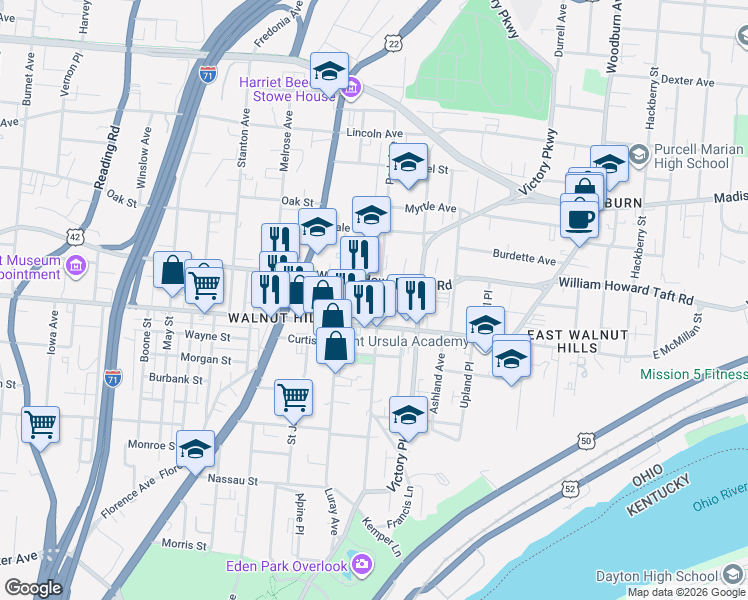 map of restaurants, bars, coffee shops, grocery stores, and more near 1100 East McMillan Street in Cincinnati