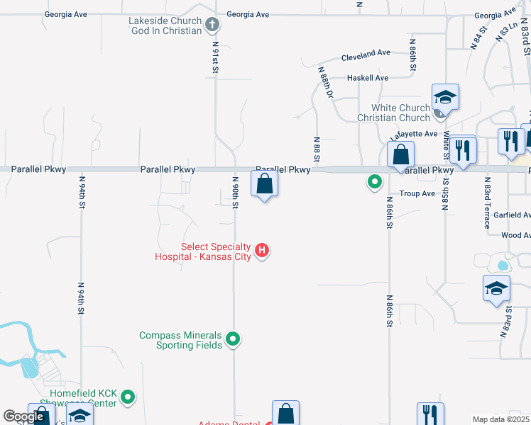 map of restaurants, bars, coffee shops, grocery stores, and more near 8929 Parallel Parkway in Kansas City