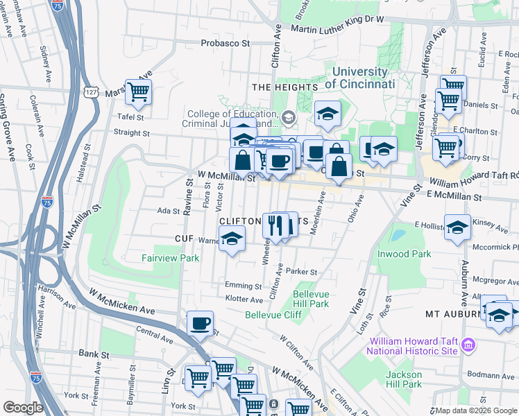 map of restaurants, bars, coffee shops, grocery stores, and more near 2332 Wheeler Street in Cincinnati