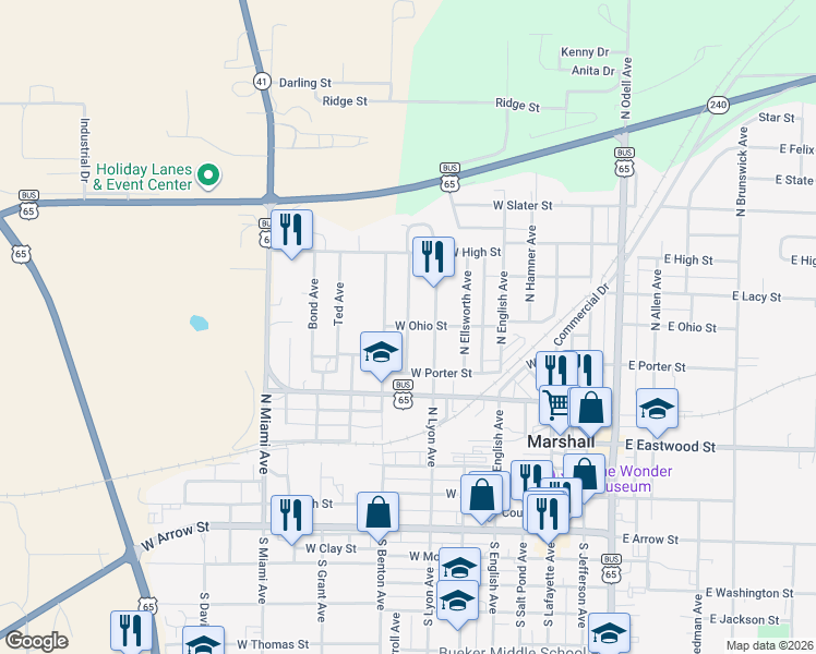 map of restaurants, bars, coffee shops, grocery stores, and more near 598 North Franklin Avenue in Marshall