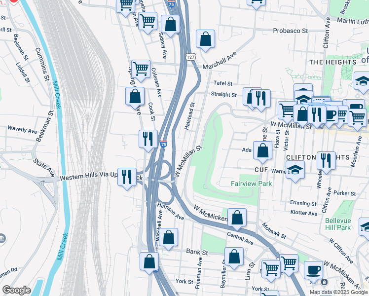 map of restaurants, bars, coffee shops, grocery stores, and more near 2404 Fargo Alley in Cincinnati