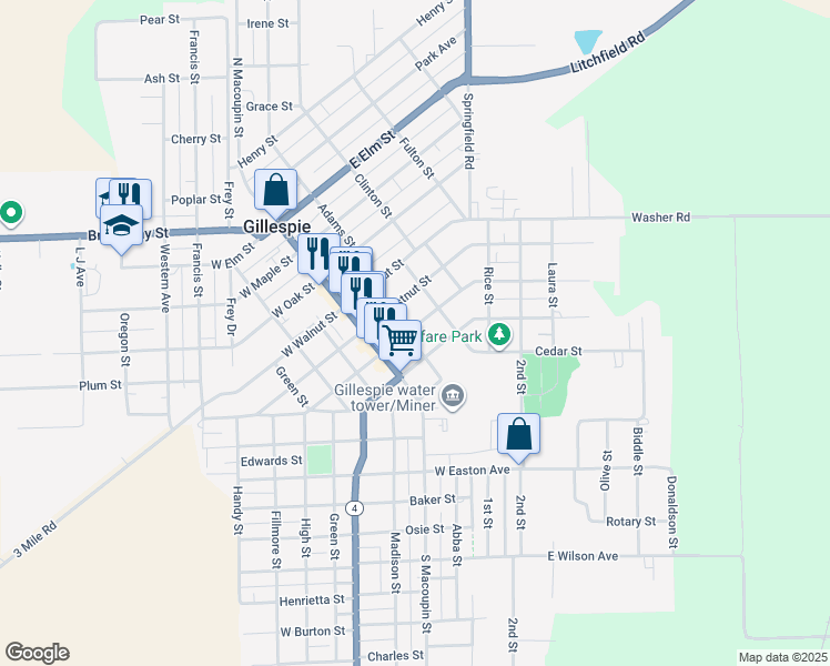 map of restaurants, bars, coffee shops, grocery stores, and more near 311 Montgomery Street in Gillespie