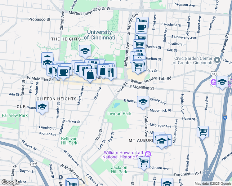 map of restaurants, bars, coffee shops, grocery stores, and more near 2385 Vine Street in Cincinnati