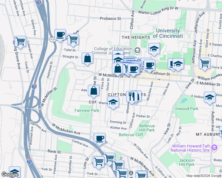 map of restaurants, bars, coffee shops, grocery stores, and more near 2320 Victor Street in Cincinnati