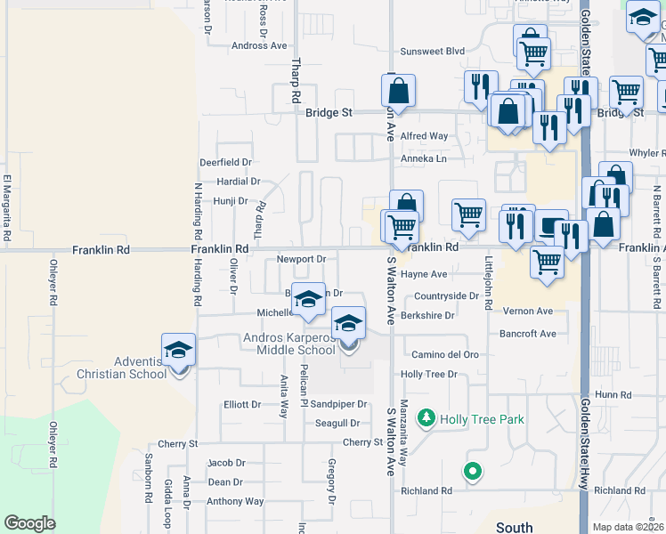 map of restaurants, bars, coffee shops, grocery stores, and more near 177 College Hill Way in Yuba City