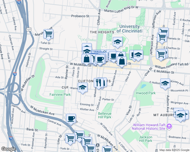 map of restaurants, bars, coffee shops, grocery stores, and more near 2351 Wheeler Street in Cincinnati