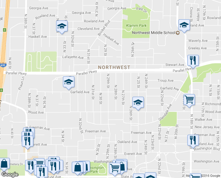 map of restaurants, bars, coffee shops, grocery stores, and more near 1927 North 29th Street in Kansas City
