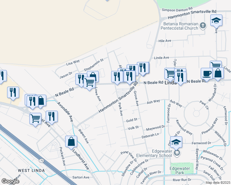 map of restaurants, bars, coffee shops, grocery stores, and more near 5956 Park Avenue in Linda
