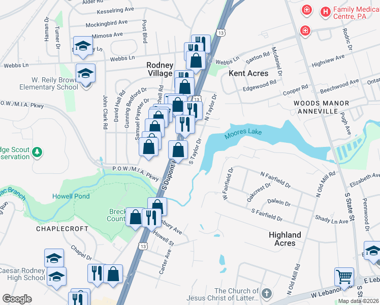 map of restaurants, bars, coffee shops, grocery stores, and more near 1799 South Taylor Drive in Dover
