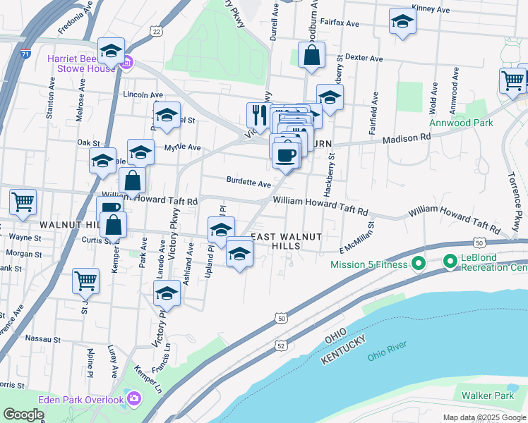 map of restaurants, bars, coffee shops, grocery stores, and more near 1423 Locust Street in Cincinnati