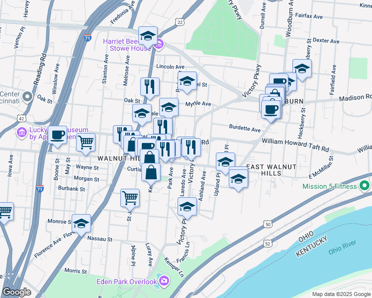 map of restaurants, bars, coffee shops, grocery stores, and more near 2516 Victory Parkway in Cincinnati