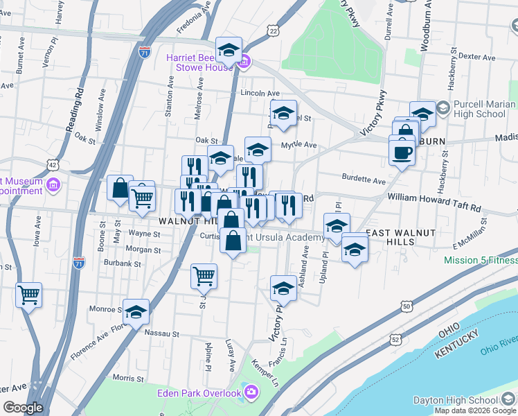 map of restaurants, bars, coffee shops, grocery stores, and more near 1100 East McMillan Street in Cincinnati