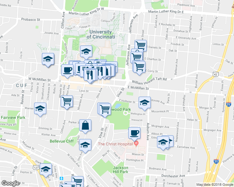 map of restaurants, bars, coffee shops, grocery stores, and more near 2385 Vine Street in Cincinnati