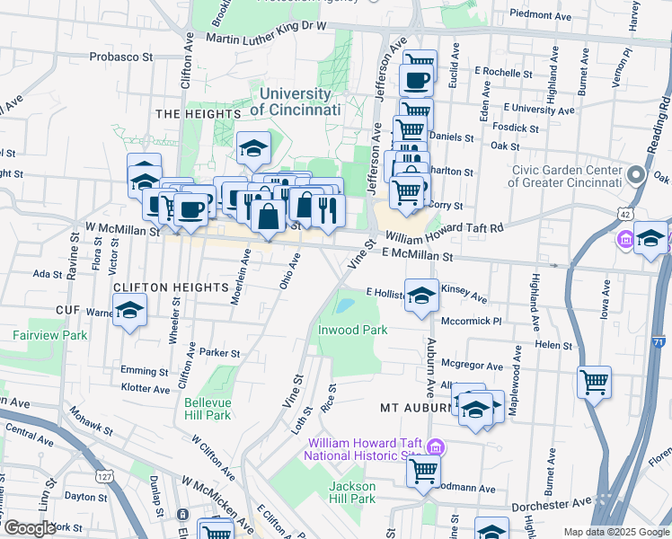 map of restaurants, bars, coffee shops, grocery stores, and more near 2385 Vine Street in Cincinnati