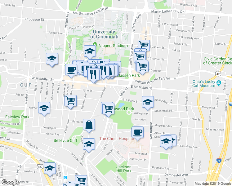 map of restaurants, bars, coffee shops, grocery stores, and more near 2385 Vine Street in Cincinnati