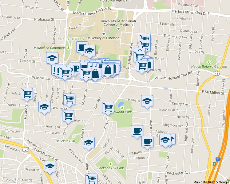 map of restaurants, bars, coffee shops, grocery stores, and more near 2385 Vine Street in Cincinnati