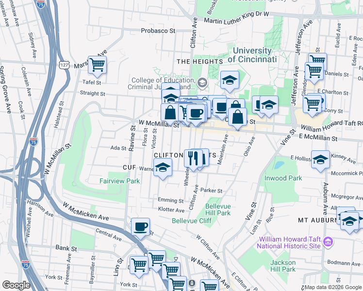 map of restaurants, bars, coffee shops, grocery stores, and more near 2332 Wheeler Street in Cincinnati