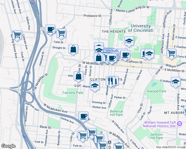 map of restaurants, bars, coffee shops, grocery stores, and more near 2320 Victor Street in Cincinnati