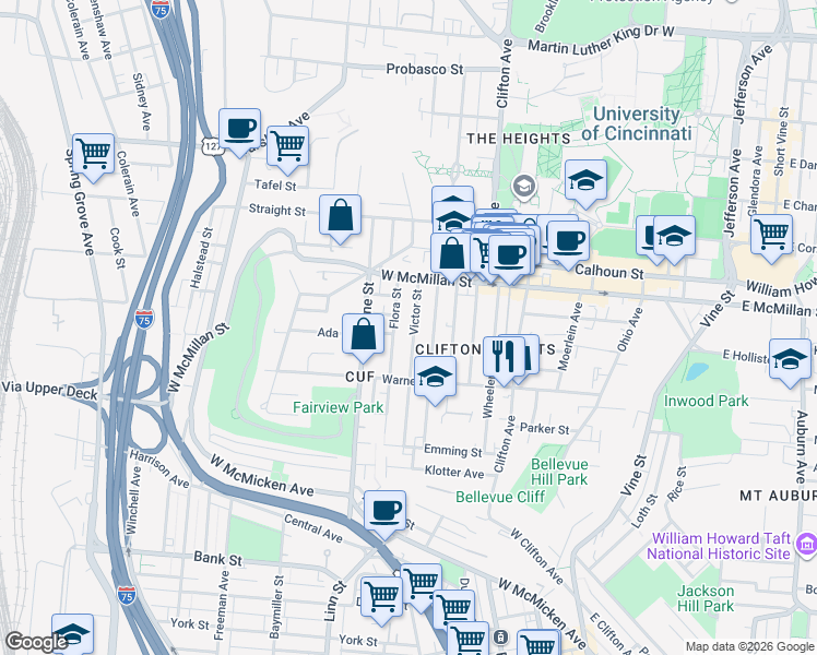 map of restaurants, bars, coffee shops, grocery stores, and more near 2320 Victor Street in Cincinnati