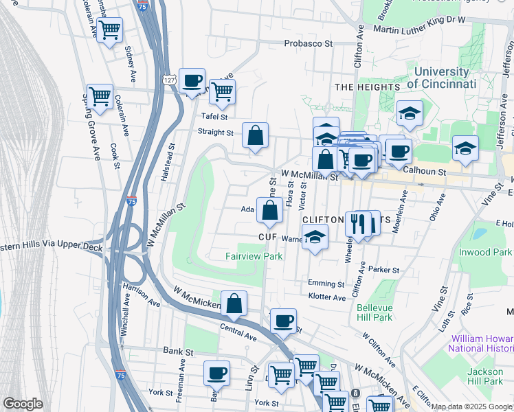 map of restaurants, bars, coffee shops, grocery stores, and more near 412 Tillotson Street in Cincinnati