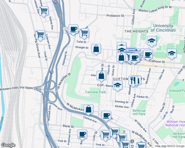 map of restaurants, bars, coffee shops, grocery stores, and more near 412 Tillotson Street in Cincinnati
