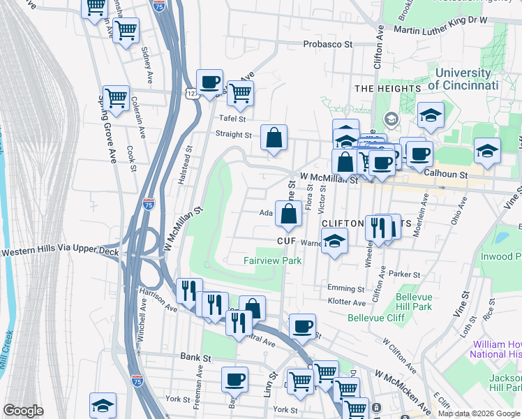 map of restaurants, bars, coffee shops, grocery stores, and more near 2321 Muriel Court in Cincinnati