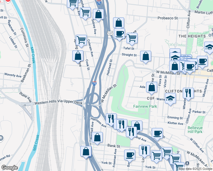 map of restaurants, bars, coffee shops, grocery stores, and more near 2404 Fargo Alley in Cincinnati