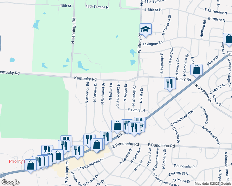 map of restaurants, bars, coffee shops, grocery stores, and more near 1213 North Indian Lane in Independence
