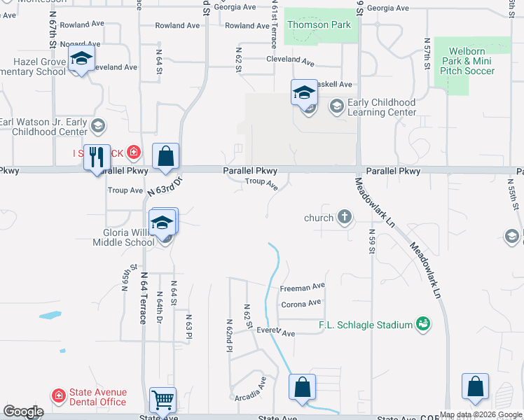 map of restaurants, bars, coffee shops, grocery stores, and more near 1817 North 62 Street in Kansas City
