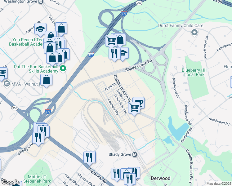 map of restaurants, bars, coffee shops, grocery stores, and more near 16325 Columbus Avenue in Derwood