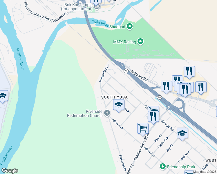 map of restaurants, bars, coffee shops, grocery stores, and more near 5901 Riverside Drive in Olivehurst
