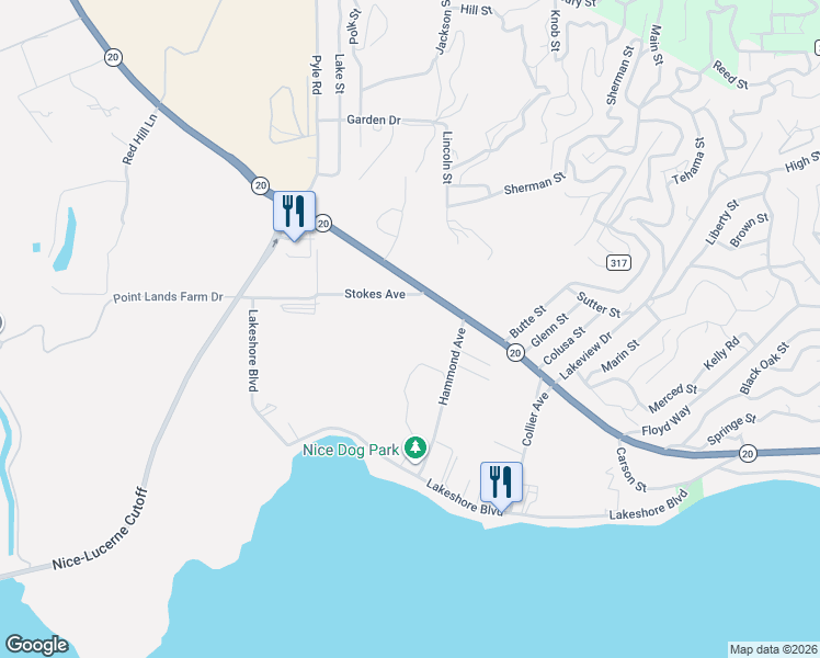 map of restaurants, bars, coffee shops, grocery stores, and more near 6965 Hammond Avenue in Upper Lake