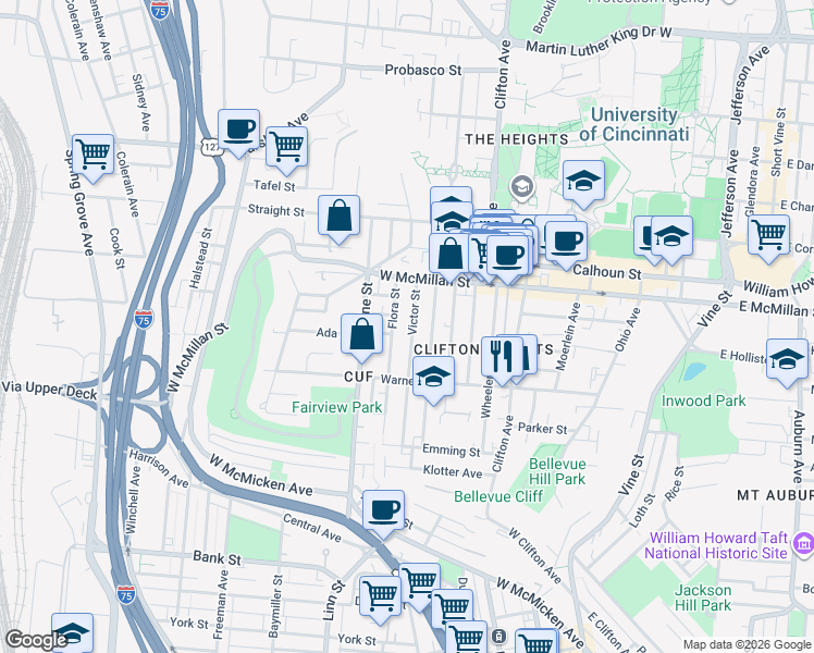 map of restaurants, bars, coffee shops, grocery stores, and more near 2320 Victor Street in Cincinnati