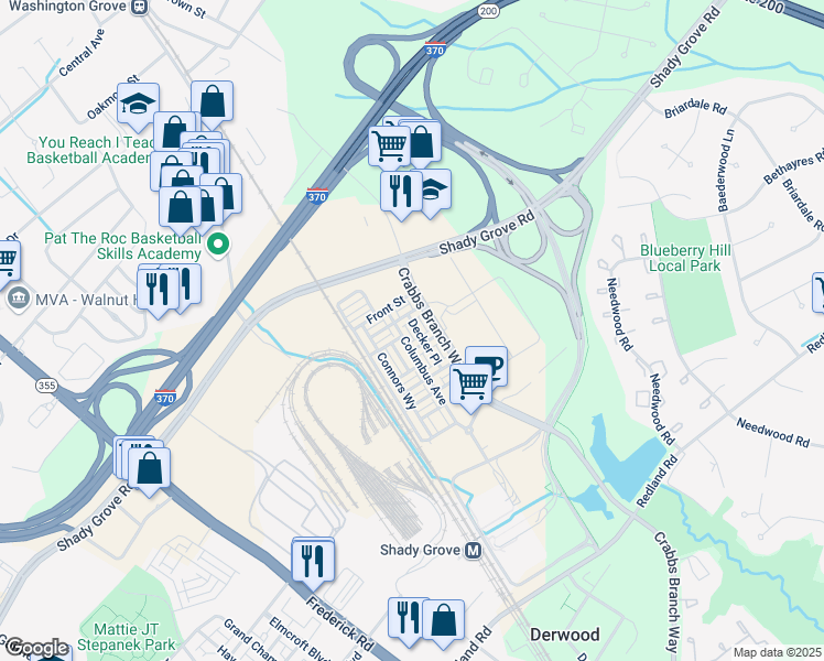 map of restaurants, bars, coffee shops, grocery stores, and more near 16320 Decker Place in Derwood