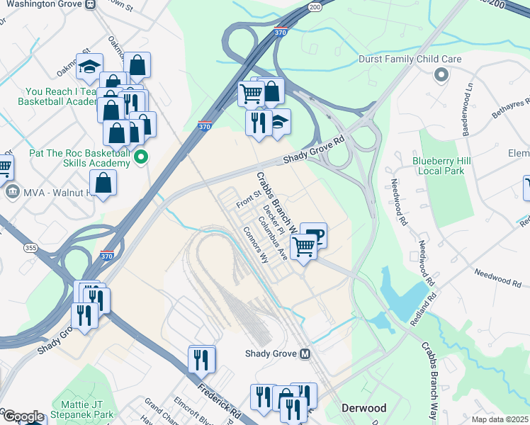 map of restaurants, bars, coffee shops, grocery stores, and more near 16320 Decker Place in Derwood