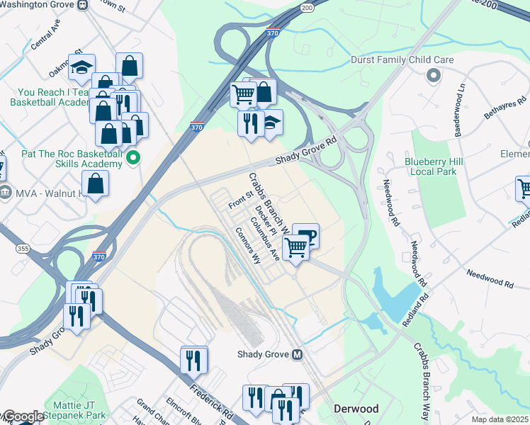 map of restaurants, bars, coffee shops, grocery stores, and more near 16305 Decker Place in Derwood