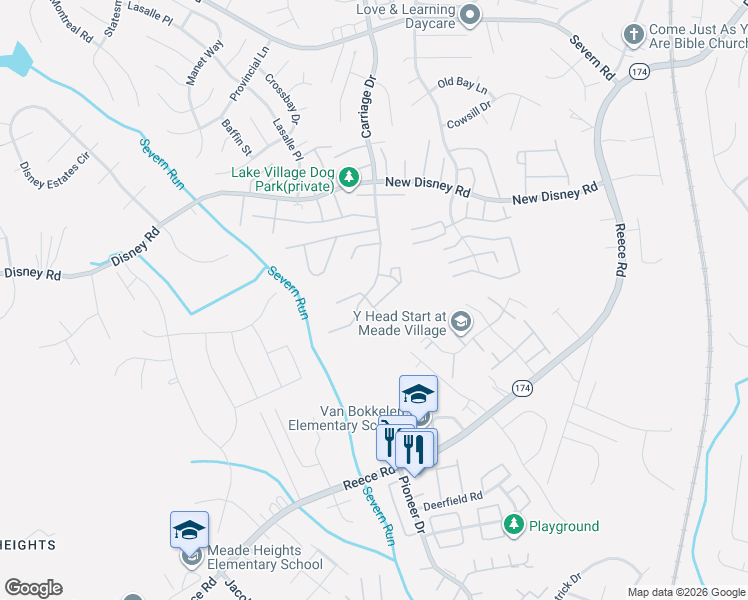 map of restaurants, bars, coffee shops, grocery stores, and more near 7929 Canter Court in Severn