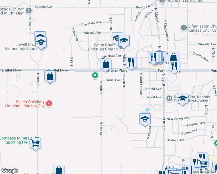 map of restaurants, bars, coffee shops, grocery stores, and more near 8501 Dehn Lane in Kansas City