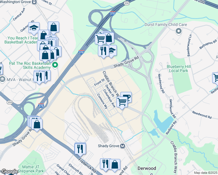 map of restaurants, bars, coffee shops, grocery stores, and more near 16309 Decker Place in Rockville