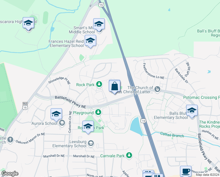 map of restaurants, bars, coffee shops, grocery stores, and more near 705 Clark Court Northeast in Leesburg