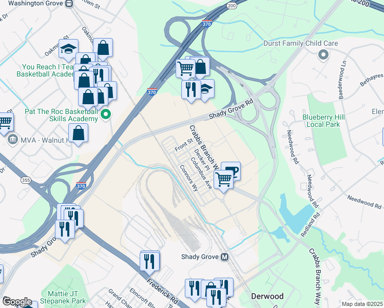 map of restaurants, bars, coffee shops, grocery stores, and more near 16333 Columbus Avenue in Rockville