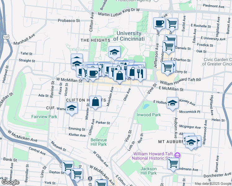 map of restaurants, bars, coffee shops, grocery stores, and more near 131 Lyon Street in Cincinnati
