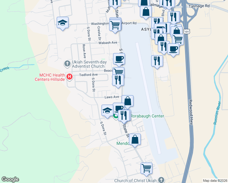 map of restaurants, bars, coffee shops, grocery stores, and more near 1450 South State Street in Ukiah