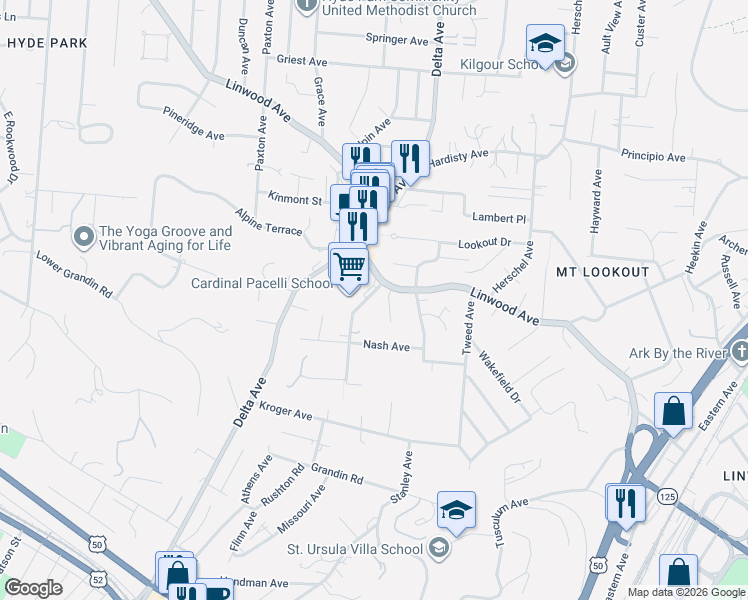 map of restaurants, bars, coffee shops, grocery stores, and more near 943 Rennel Drive in Cincinnati