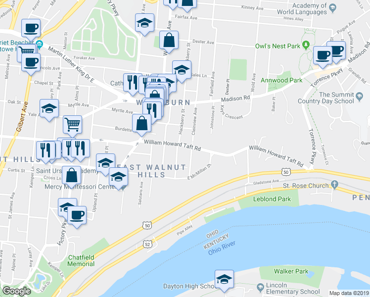 map of restaurants, bars, coffee shops, grocery stores, and more near 2538 Cleinview Avenue in Cincinnati