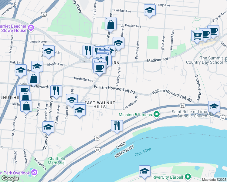 map of restaurants, bars, coffee shops, grocery stores, and more near in Cincinnati