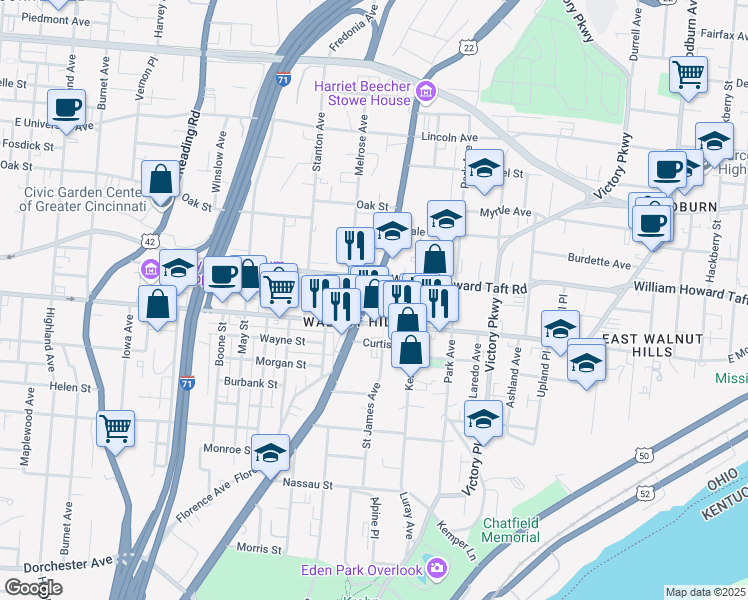 map of restaurants, bars, coffee shops, grocery stores, and more near 939 East McMillan Street in Cincinnati