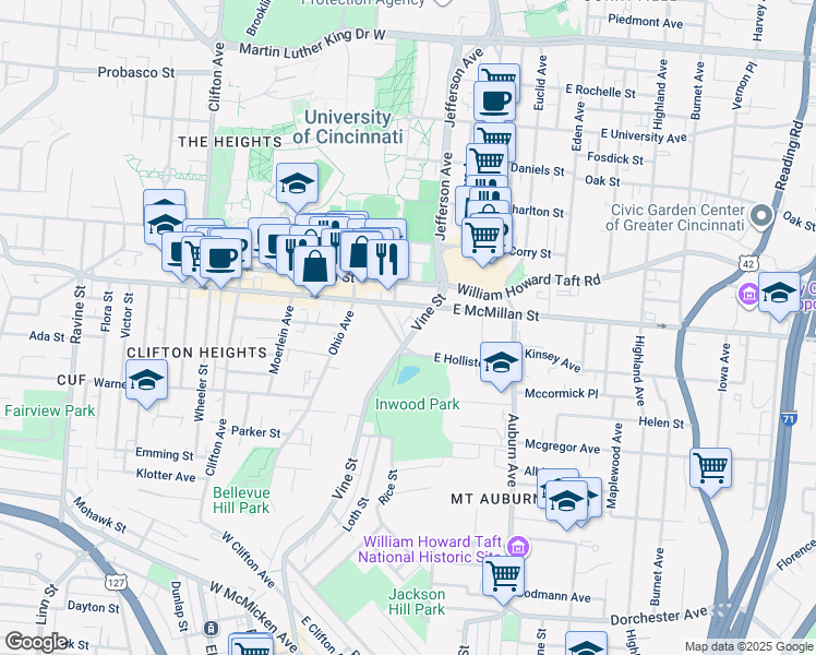 map of restaurants, bars, coffee shops, grocery stores, and more near 2385 Vine Street in Cincinnati